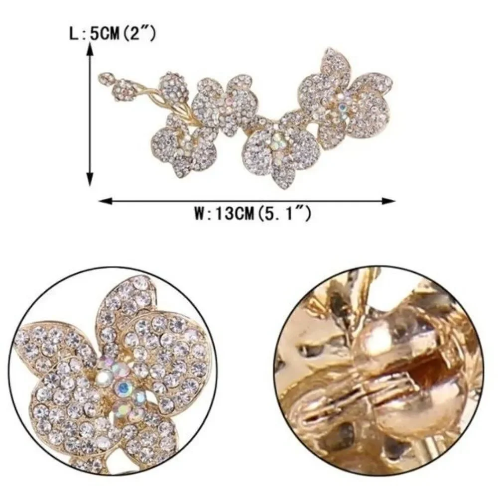 Long Yellow Gold with White Diamond Austrian Crystal Orchid Flower Brooch